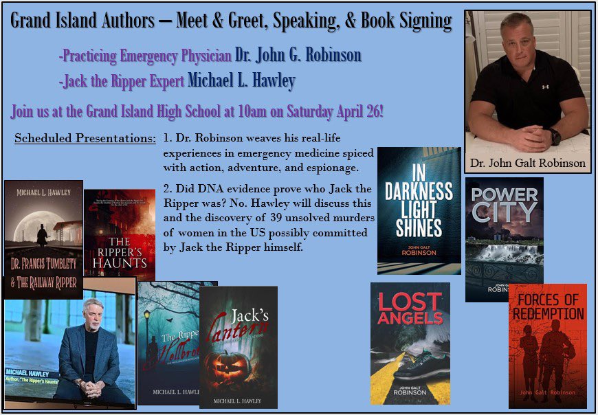 Many people have contacted us about this event which Michael L Hawley and I are fired up about. Please note; this will NOt be held at the town library but at the Grand Island Senior High School in the senior cafeteria. Another important note, we will have books on hand for