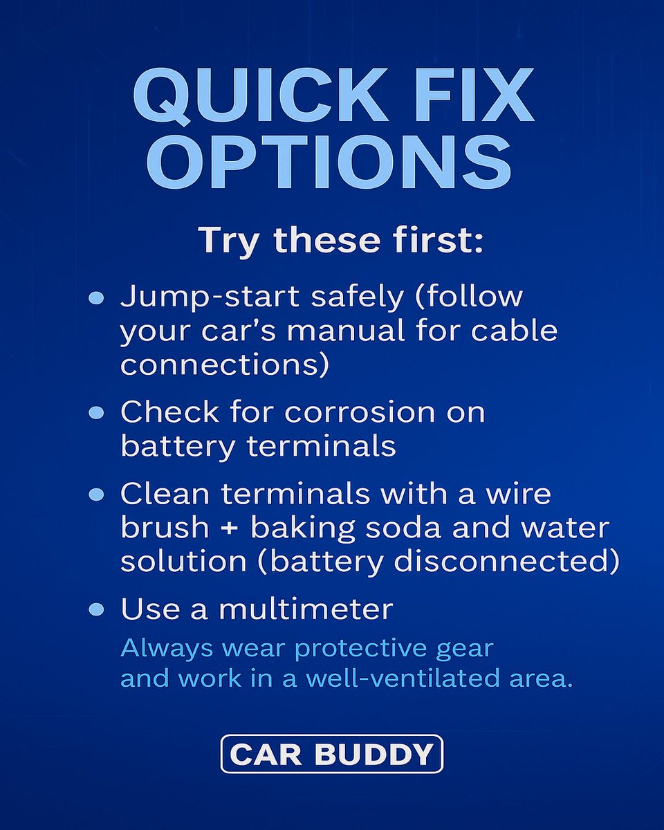 CarBuddyApp's tweet photo. 🚗 Car won’t start? Don’t get stranded.
Few things are more frustrating than turning the key and getting nothing — especially when you're in a rush.

The good news?
A dead battery is often the culprit — and with a few simple steps, you might be able to fix it yourself. https://t.co/9tAYMfNerL