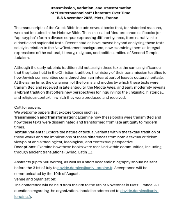 IOSCSOfficial's tweet image. Call for Papers: Transmission, Variation, and Transformation of "Deuterocanonical" Literature Over Time, 5-6 November 2025, Metz, France, abstracts due 31 July