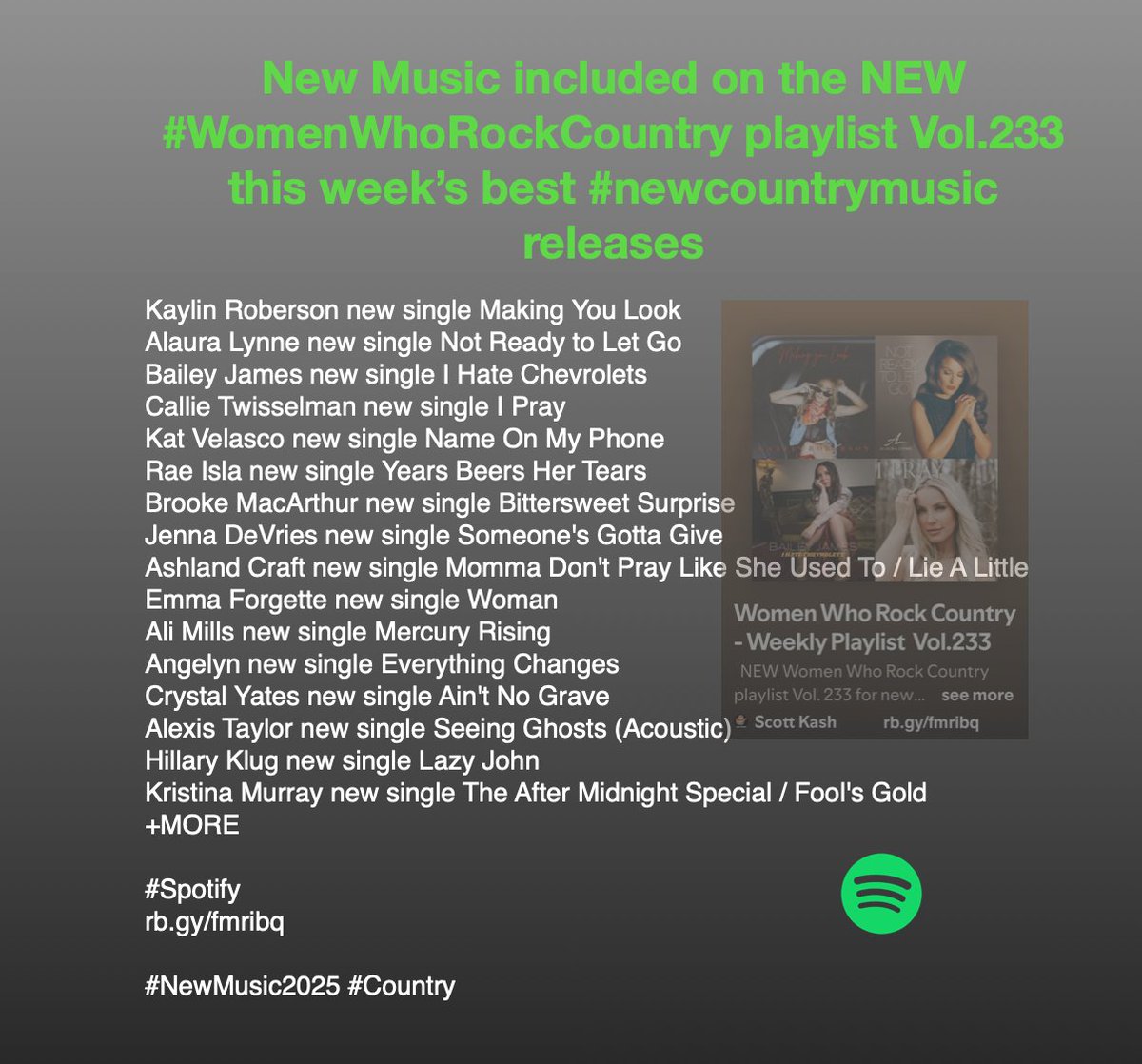 Scott Kash (@scottkash88) on Twitter photo New Music included on the NEW #WomenWhoRockCountry playlist Vol.233 this weekās best #newcountrymusic releases
<a href="/rae_isla/">Rae Isla, a traveling bard š§³</a>
<a href="/DeVriesMusic/">Jenna DeVries</a>
<a href="/AshlandCraft/">Ashland Craft</a>
@EForgetteMusic
<a href="/AngelynsMusic/">Angelyn</a>
<a href="/crystal_yates/">Crystal Yates</a>
<a href="/MissTaylorMusic/">Alexis Taylor</a>
<a href="/fiddle_feet/">Hillary Klug</a>
<a href="/KristinaMmusic/">Kristina Murray</a> New Music included on the NEW #WomenWhoRockCountry playlist Vol.233 this weekās best #newcountrymusic releases
<a href="/rae_isla/">Rae Isla, a traveling bard š§³</a>
<a href="/DeVriesMusic/">Jenna DeVries</a>
<a href="/AshlandCraft/">Ashland Craft</a>
@EForgetteMusic
<a href="/AngelynsMusic/">Angelyn</a>
<a href="/crystal_yates/">Crystal Yates</a>
<a href="/MissTaylorMusic/">Alexis Taylor</a>
<a href="/fiddle_feet/">Hillary Klug</a>
<a href="/KristinaMmusic/">Kristina Murray</a>