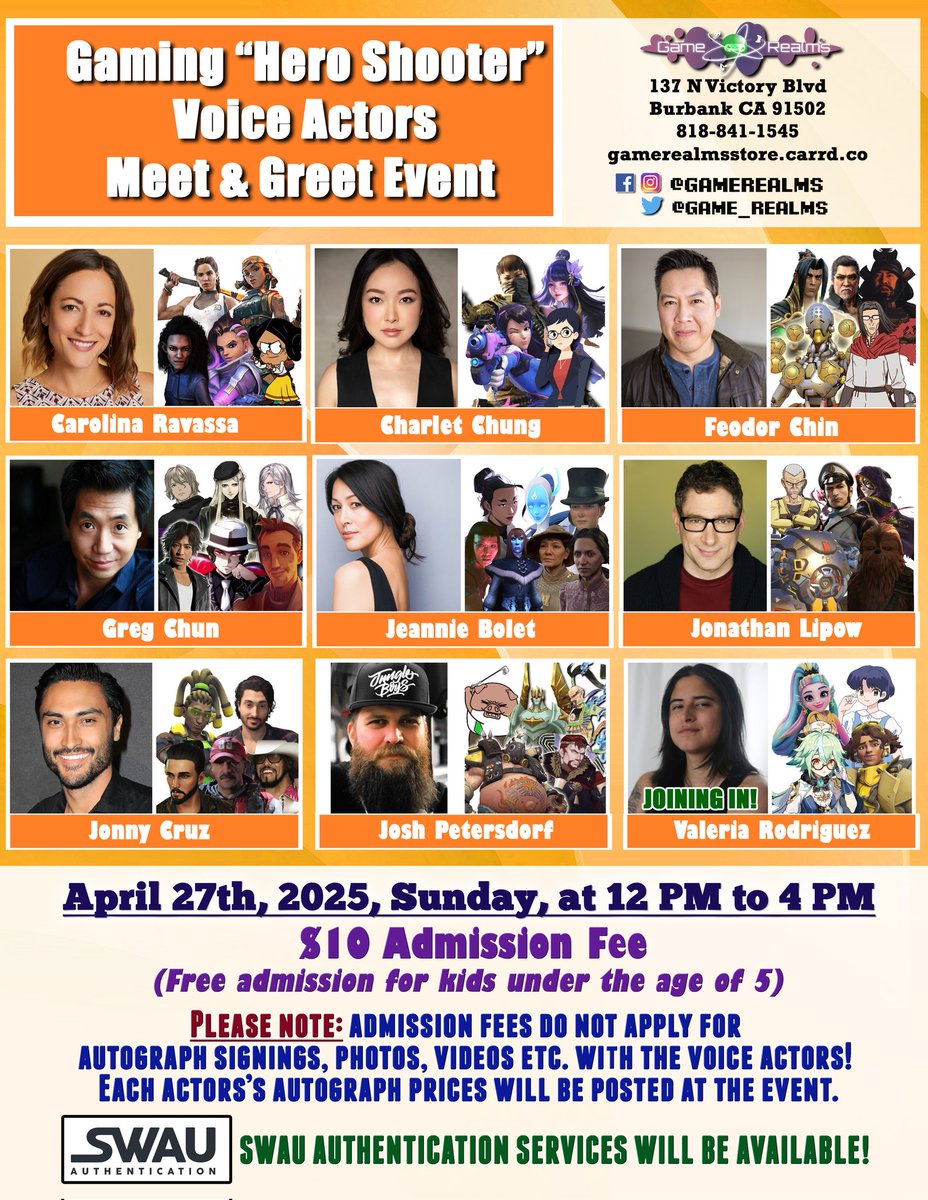 Game Realms (@game_realms) on Twitter photo This Sunday:
Gaming "Hero Shooter " #VoiceActors meet & greet <a href="/Game_Realms/">Game Realms</a> in Burbank SoCal!
Date: April 27th, Sun, 2025 at 12 to 4 PM
<a href="/JonnyCruzzz/">Jonny Cruz</a>
<a href="/CharletChung/">Charlet Takahashi Chung</a>
<a href="/jeanniebolet/">Jeannie Bolet</a>
<a href="/CrankyJ/">Josh Petersdorf</a>
<a href="/FeoChin/">Feodor Chin 🇺🇸❄️</a>
<a href="/carolinaravassa/">Carolina Ravassa</a>
<a href="/gregchunva/">Greg Chun - find me on Bluesky!</a>
<a href="/JonathanLipow/">Jonathan Lipow🎭</a>
<a href="/ElvisBadger/">Valeria Rodriguez</a>
#Overwatch This Sunday:
Gaming "Hero Shooter " #VoiceActors meet & greet <a href="/Game_Realms/">Game Realms</a> in Burbank SoCal!
Date: April 27th, Sun, 2025 at 12 to 4 PM
<a href="/JonnyCruzzz/">Jonny Cruz</a>
<a href="/CharletChung/">Charlet Takahashi Chung</a>
<a href="/jeanniebolet/">Jeannie Bolet</a>
<a href="/CrankyJ/">Josh Petersdorf</a>
<a href="/FeoChin/">Feodor Chin 🇺🇸❄️</a>
<a href="/carolinaravassa/">Carolina Ravassa</a>
<a href="/gregchunva/">Greg Chun - find me on Bluesky!</a>
<a href="/JonathanLipow/">Jonathan Lipow🎭</a>
<a href="/ElvisBadger/">Valeria Rodriguez</a>
#Overwatch