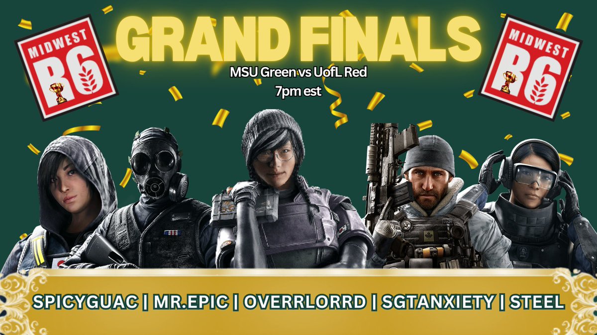 MSUR6S's tweet image. We are in the GRAND FINALS everyone!!! ๐
After placing Second last semester, we're looking to bring home the gold tonight so come out and show support!
๐GO GREEN๐ค
๐MSU vs UofL
โฐ7pm est
๐บtwitch.tv/midwestr6