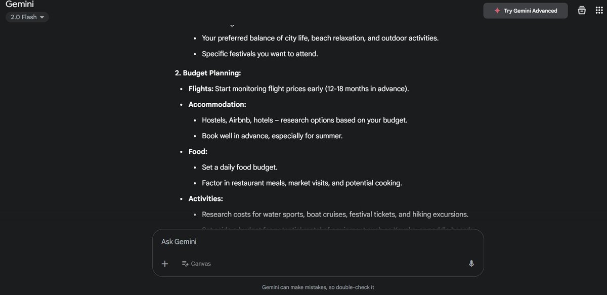 h1baaaaaaaa's tweet photo. Week 1, Day 2: Prompting 101
I used GEMINI to plan me a trip Spain, budget friendly for I am still a student. Here's an overview of what the chatbot has given me:
#Alx_AiSK @alx_africa https://t.co/HwfTxKAE97