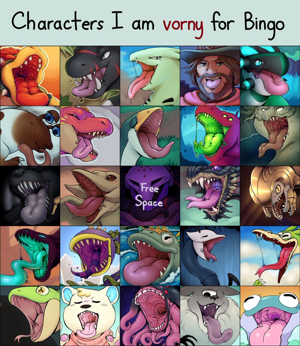 CW: #mawshot, #vore, #saliva 
Characters I am vorny for bingo!! 
(Every character + game is in alt text!!)