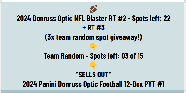 jaspysbreaks's tweet image. That 2024 Donruss Optic #NFL is getting pretty close: jaspyscasebreaks.com/collections/fo…

Full case! Couple fillers to go!

🏈

#groupbreaks #casebreak #livestream