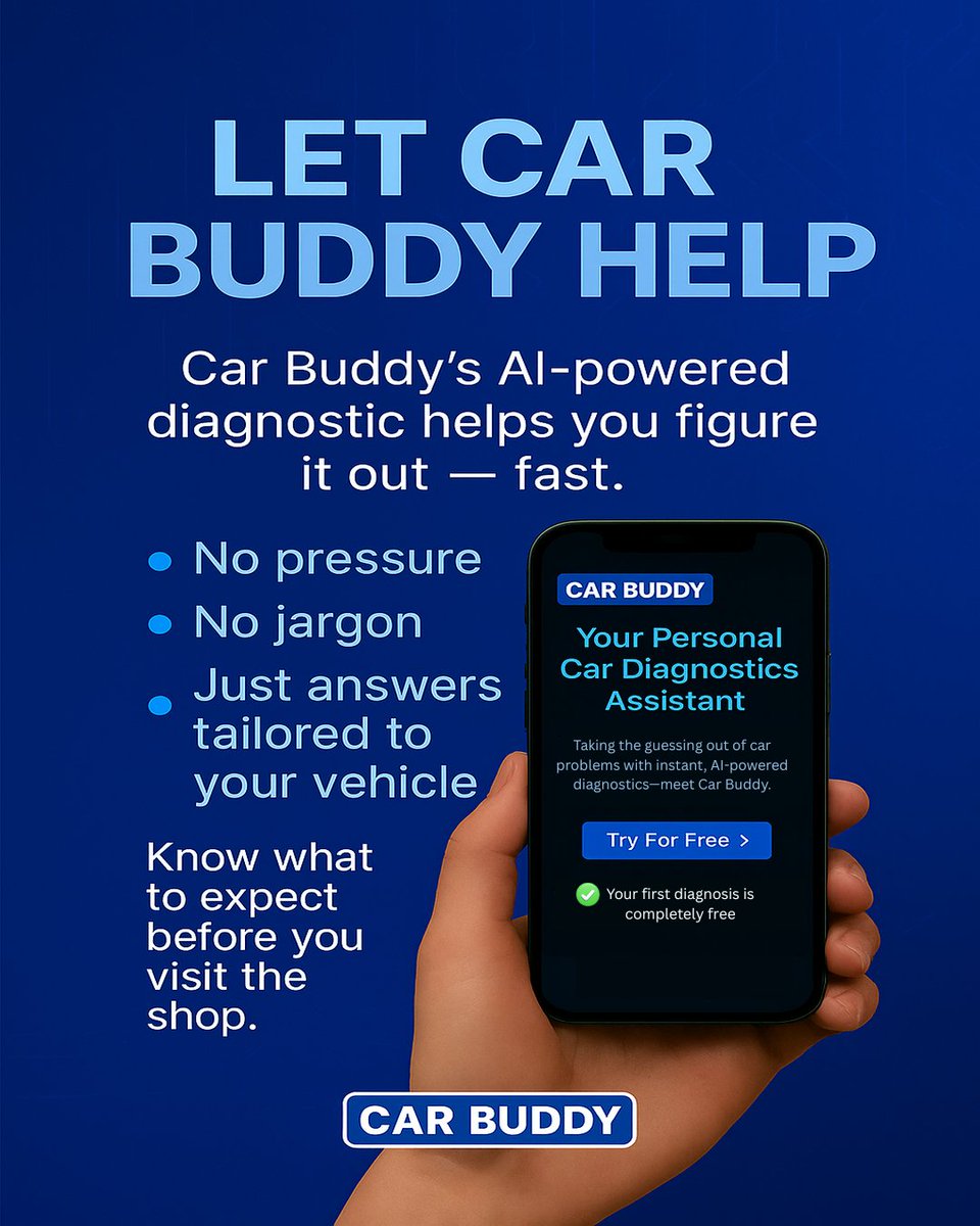 CarBuddyApp's tweet photo. Still stuck?
Car Buddy’s AI-powered diagnostic tool can pinpoint the issue — whether it’s the battery, starter, ignition, or something else entirely.

 No guesswork
 No jargon
Just clear answers, tailored to your vehicle

✨ And yes — your first diagnostic is completely free. https://t.co/k1eTq7ob0G