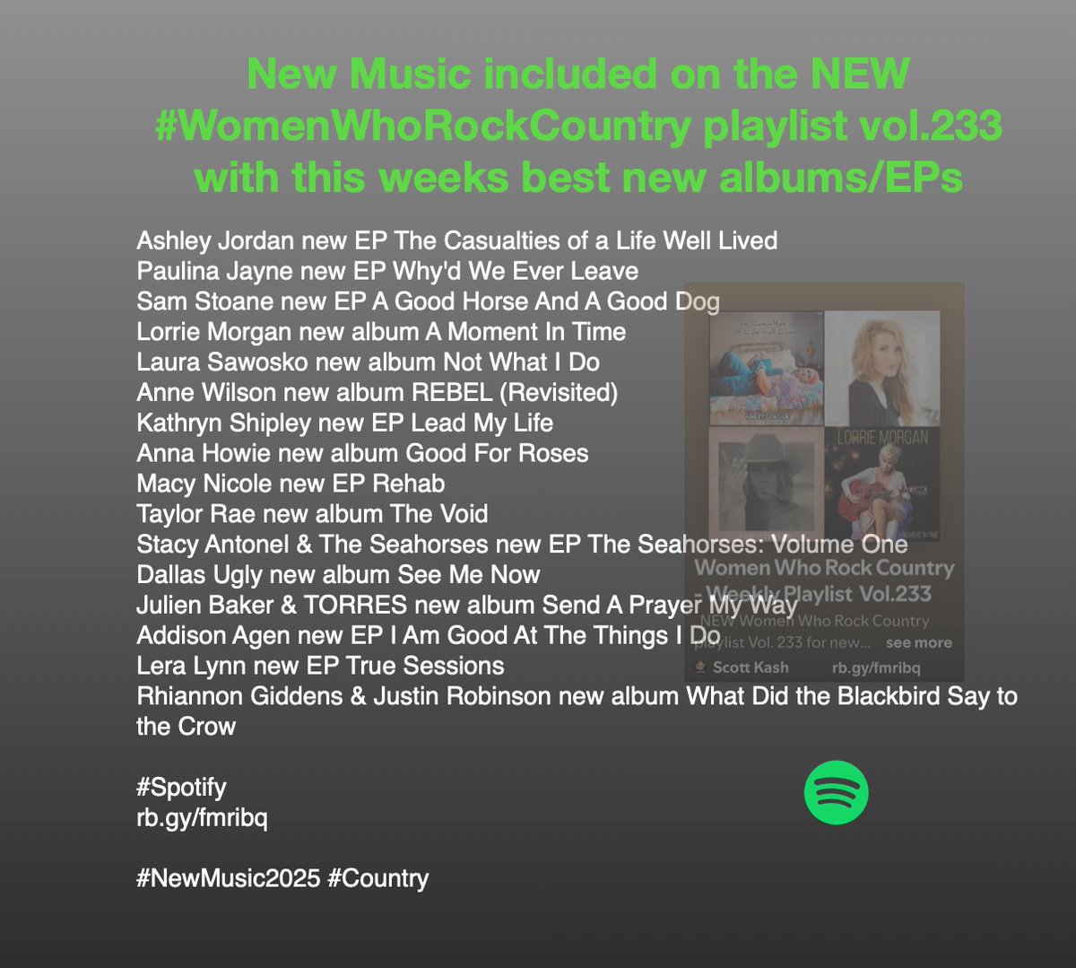 Scott Kash (@scottkash88) on Twitter photo New Music included on the NEW #WomenWhoRockCountry playlist vol.233 with this weeks best new albums/EPs
<a href="/Annewilsonmusic/">Anne Wilson</a>
<a href="/KSHIPMUSIC/">Kathryn Shipley</a>
<a href="/annahowiemusic/">annahowiemusic</a>
<a href="/StacyAntonel/">Ginger Cowgirl</a>
<a href="/DallasUglyMusic/">Dallas Ugly</a>
<a href="/julienrbaker/">Julien Baker</a> & <a href="/torreslovesyou/">TORRES</a>
<a href="/AddisonAgen/">Addison Agen</a>
<a href="/LeraLynn/">LERA LYNN</a>
<a href="/RhiannonGiddens/">Rhiannon Giddens</a> New Music included on the NEW #WomenWhoRockCountry playlist vol.233 with this weeks best new albums/EPs
<a href="/Annewilsonmusic/">Anne Wilson</a>
<a href="/KSHIPMUSIC/">Kathryn Shipley</a>
<a href="/annahowiemusic/">annahowiemusic</a>
<a href="/StacyAntonel/">Ginger Cowgirl</a>
<a href="/DallasUglyMusic/">Dallas Ugly</a>
<a href="/julienrbaker/">Julien Baker</a> & <a href="/torreslovesyou/">TORRES</a>
<a href="/AddisonAgen/">Addison Agen</a>
<a href="/LeraLynn/">LERA LYNN</a>
<a href="/RhiannonGiddens/">Rhiannon Giddens</a>