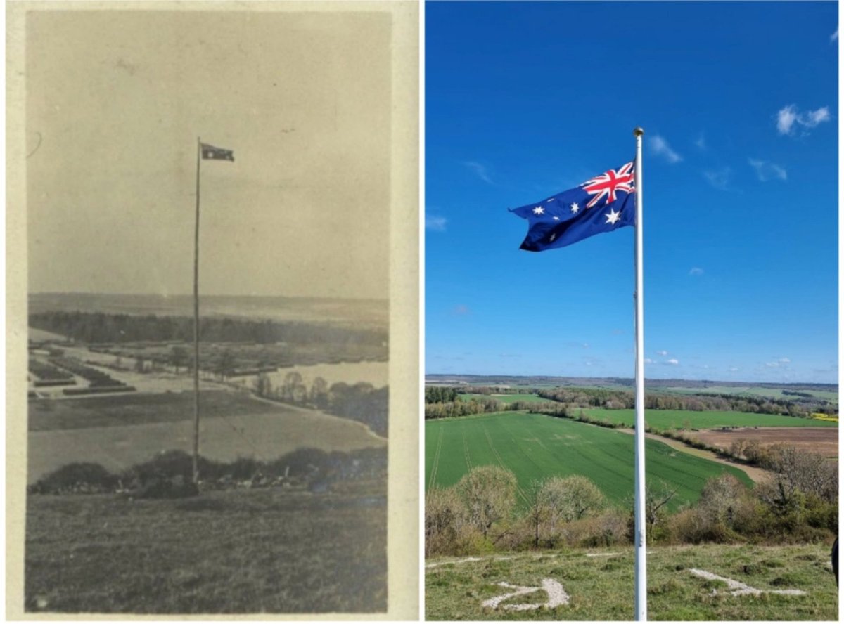 ww1australiamap's tweet image. #AnzacDay2025 will be marked in Wiltshire, UK where thousands of Australian soldiers spent time at Hurdcott Camp during #WW1. The day was observed in 1917 at Hurdcott Camp and today, the view is largely unchanged. We will remember them.