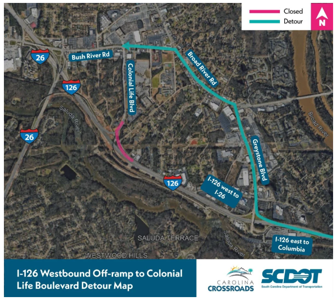 scdotCrossroads's tweet image. Tonight (4/24), SCDOT will have an overnight closure of the I-126 WB off-ramp to Colonial Life Blvd, weather permitting.
The detour route will use Greystone Blvd.
Read the full release: bit.ly/4itp9OH