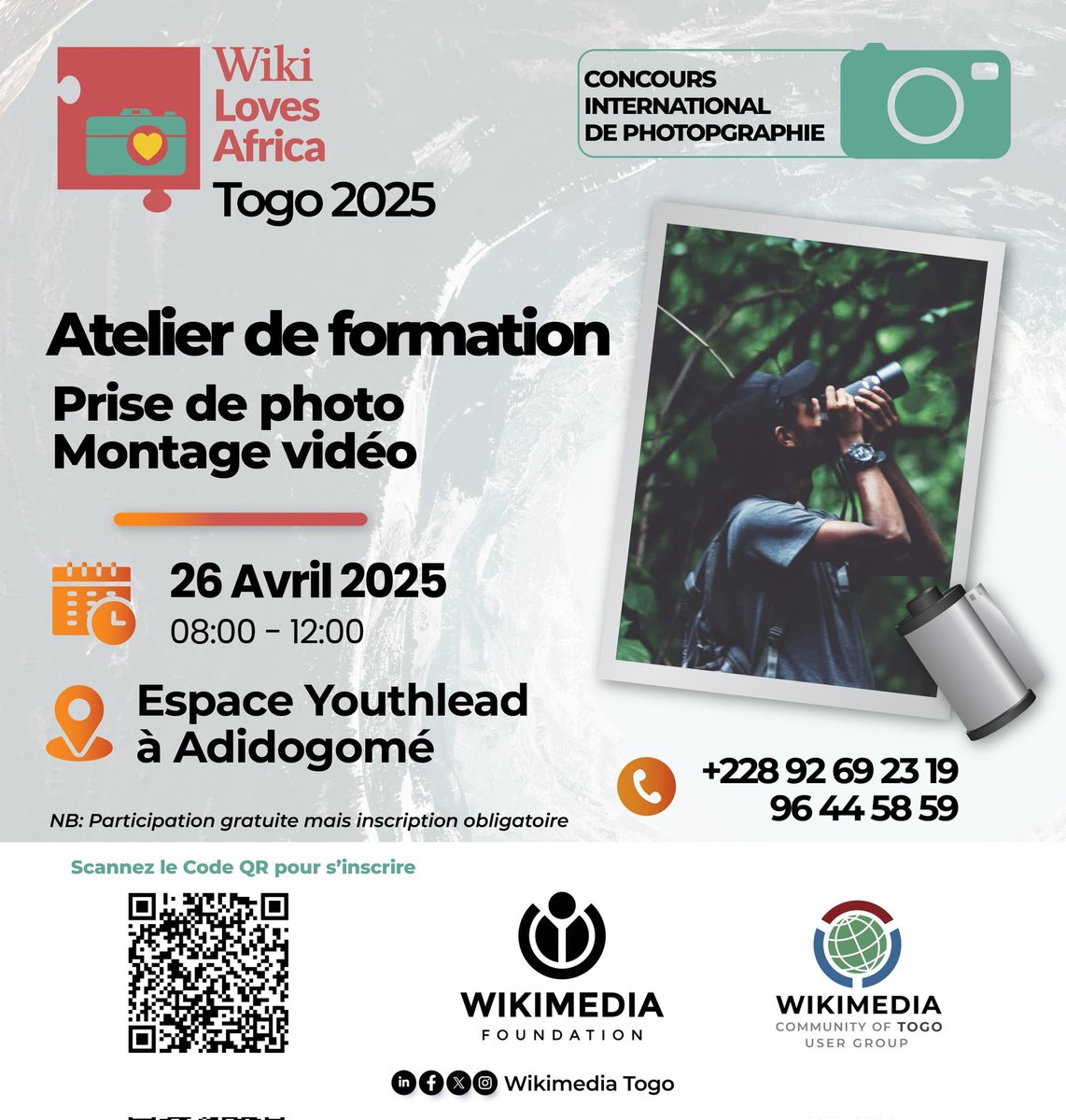 Wikimedia Togo (@wikimediatg) on Twitter photo <a href="/wikilovesafrica/">WikiLovesAfrica</a> 2025 se termine le 30 avril !
🎯 Thème : "Du champ à l’assiette"
📸 Améliore tes prises de vue photo/vidéo 👨🏿🌾🍽️
📅 Atelier : Samedi 26 avril, 08h–12h
📍 Youthlead, Adidogomé
✍️ forms.gle/HCtnvhFQv3eJ7a…
📞 Infos : +228 92692319 / 96445859 <a href="/wikilovesafrica/">WikiLovesAfrica</a> 2025 se termine le 30 avril !
🎯 Thème : "Du champ à l’assiette"
📸 Améliore tes prises de vue photo/vidéo 👨🏿🌾🍽️
📅 Atelier : Samedi 26 avril, 08h–12h
📍 Youthlead, Adidogomé
✍️ forms.gle/HCtnvhFQv3eJ7a…
📞 Infos : +228 92692319 / 96445859