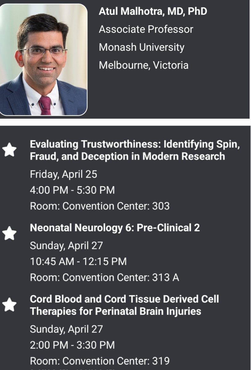 Atul Malhotra (@atul_monash) on Twitter photo Excited to be <a href="/PASMeeting/">Pediatric Academic Societies</a> #PAS2025 🌺 !
Join me at the following sessions on:
- Research Integrity <a href="/EBNEO/">Evidence-Based Neo</a>
- Neonatal Neuroscience <a href="/RitchieCentre/">The Ritchie Centre</a>
- Regenerative Cell Therapies <a href="/Neo_CellTherapy/">Newborn Cell Therapies</a> Excited to be <a href="/PASMeeting/">Pediatric Academic Societies</a> #PAS2025 🌺 !
Join me at the following sessions on:
- Research Integrity <a href="/EBNEO/">Evidence-Based Neo</a>
- Neonatal Neuroscience <a href="/RitchieCentre/">The Ritchie Centre</a>
- Regenerative Cell Therapies <a href="/Neo_CellTherapy/">Newborn Cell Therapies</a>