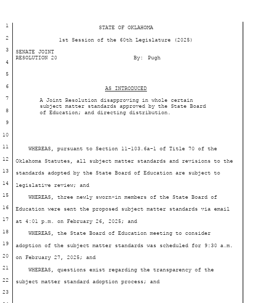 dylantbrown's tweet photo. "Send the standards back" - Yall, lawmakers just filed SJR 20 to send the social studies standards back to OSBE. They said it would cost $33 million to actually follow through with the standards Walters had them vote on....this was filed moments ago.
@kfor https://t.co/gRshwyVuw9