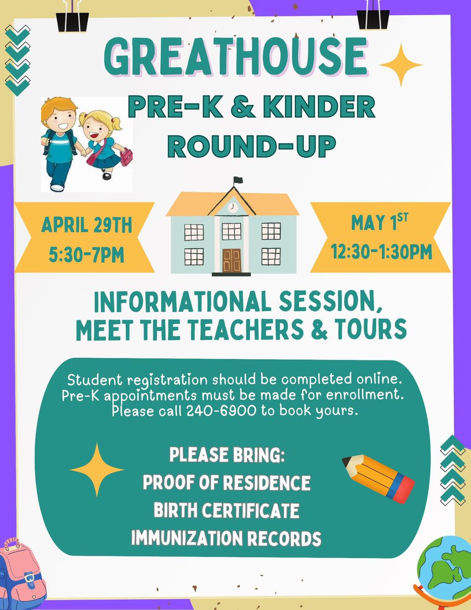 Friendly reminder 📌
🗓️ April 29th and May 1st! 

Pre-K and Kinder Round up, be sure to read the flyer for all necessary paperwork!