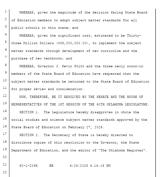 dylantbrown's tweet photo. "Send the standards back" - Yall, lawmakers just filed SJR 20 to send the social studies standards back to OSBE. They said it would cost $33 million to actually follow through with the standards Walters had them vote on....this was filed moments ago.
@kfor https://t.co/gRshwyVuw9