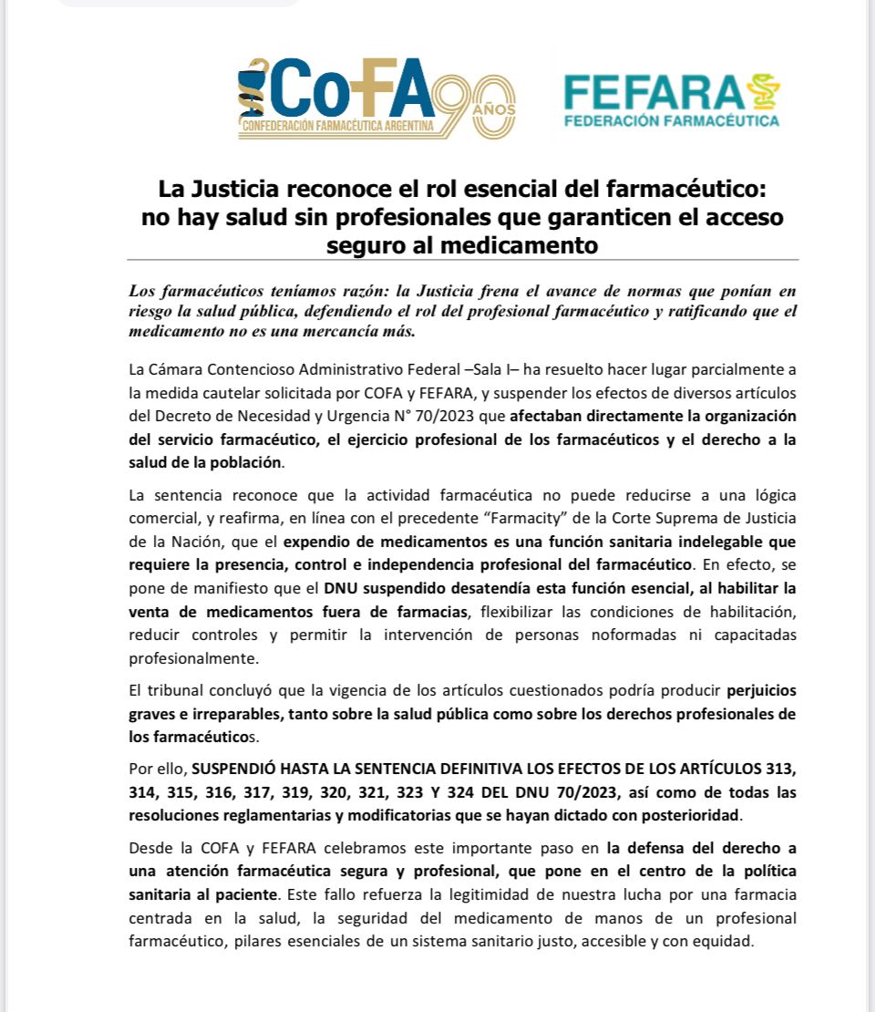 ⚖Fallo judicial en defensa del modelo sanitario de farmacia⚕️
👉 La Cámara Contencioso Administrativo Federal suspendió cautelarmente 10 artículos del DNU 70/2023 que afectaban la actividad farmacéutica y el acceso seguro a los medicamentos.