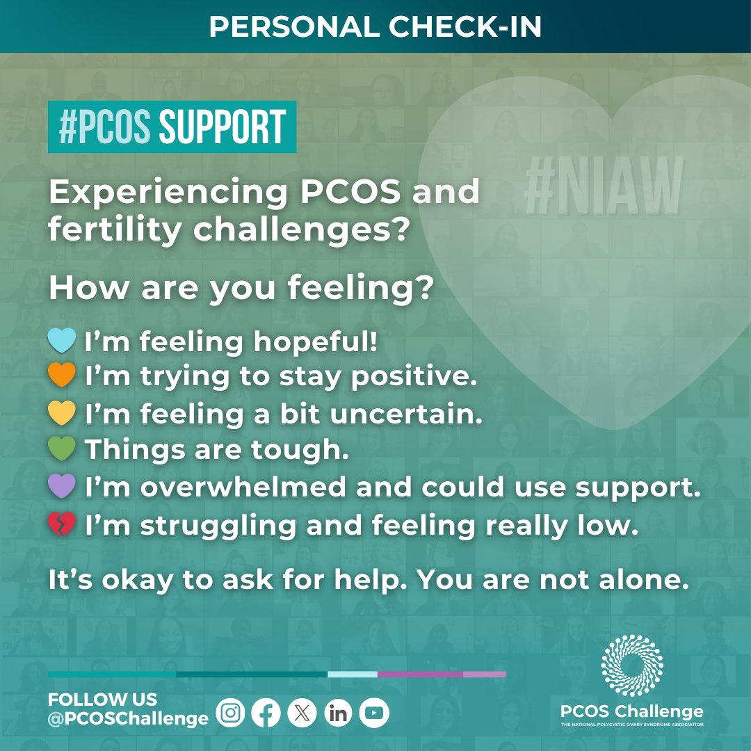 pcoschallenge's tweet image. NATIONAL INFERTILITY AWARENESS WEEK
Drop a heart or reply—our community is here to support you.
🩵 I’m feeling hopeful
🧡 I’m trying to stay encouraged
💛 I’m feeling a bit uncertain
💚 Things are tough
💜 I’m overwhelmed and could use some support
💔 I’m struggling and feeling…