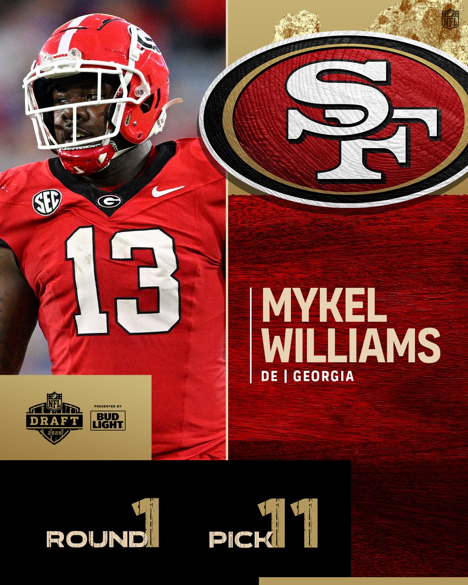 NFL (@nfl) on Twitter photo With the No. 11 overall pick in the 2025 <a href="/NFLDraft/">NFL Draft</a>, the <a href="/49ers/">San Francisco 49ers</a> select Mykel Williams. <a href="/NewEraCap/">New Era Cap</a>
📺: #NFLDraft on NFLN/ESPN/ABC
📱: Stream on <a href="/NFLPlus/">NFL+</a> With the No. 11 overall pick in the 2025 <a href="/NFLDraft/">NFL Draft</a>, the <a href="/49ers/">San Francisco 49ers</a> select Mykel Williams. <a href="/NewEraCap/">New Era Cap</a>
📺: #NFLDraft on NFLN/ESPN/ABC
📱: Stream on <a href="/NFLPlus/">NFL+</a>