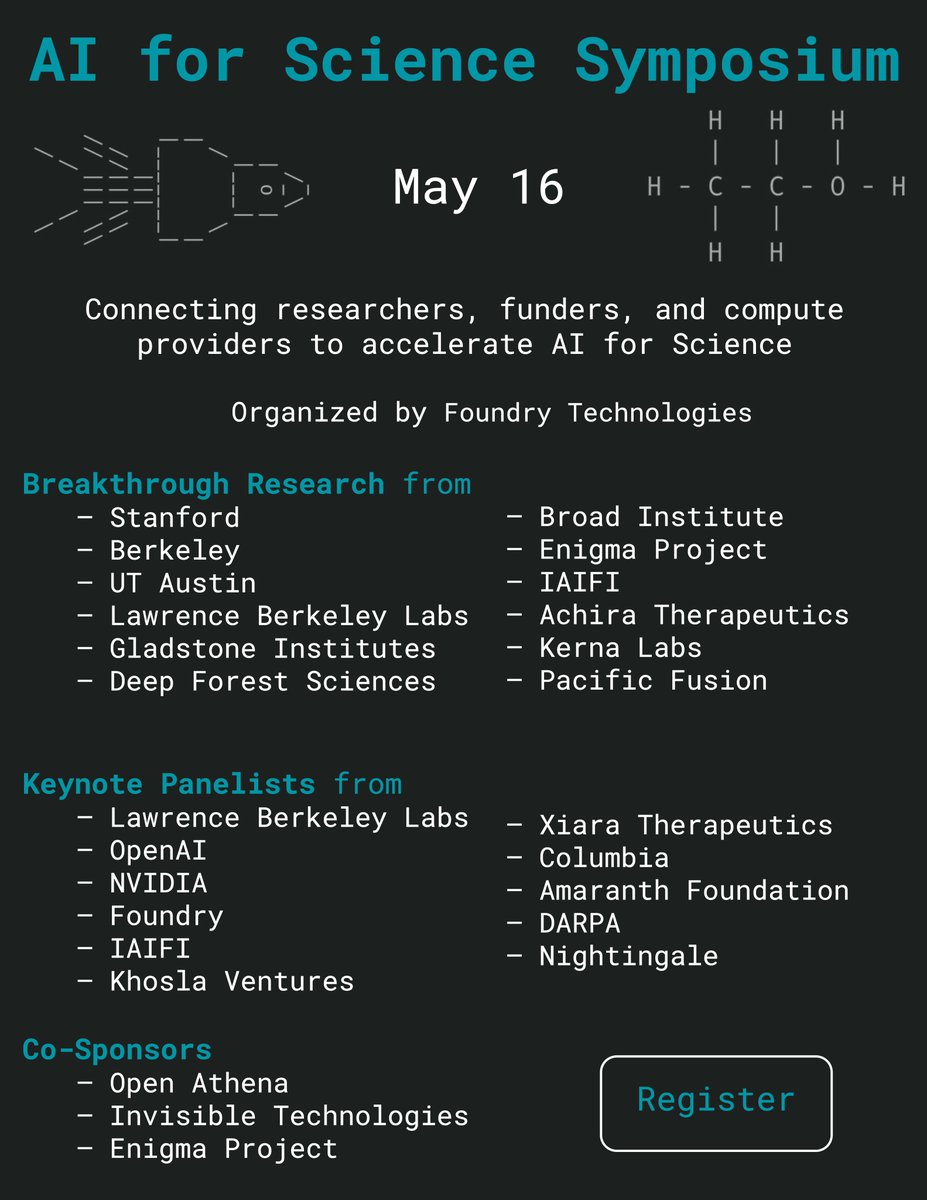 Boris Hanin (@borishanin) on Twitter photo AI is accelerating science!
<a href="/mlfoundry/">Foundry</a> is gathering AI4S leaders from
- academia (<a href="/MoAlQuraishi/">Mohammed AlQuraishi</a>, <a href="/iaifi_news/">IAIFI</a>)
- gov (<a href="/patrickshafto/">Patrick Shafto</a>, <a href="/BerkeleyLab/">Berkeley Lab</a>)
- industry (<a href="/vkhosla/">Vinod Khosla</a>, <a href="/LiamFedus/">William Fedus</a>, <a href="/nataliavassilie/">Natalia Vassilieva</a>)
- non-profits (<a href="/JoanneZPeng/">Joanne Peng</a>, <a href="/oziadias/">Ziad Obermeyer</a>)
Join us May 16, SF - link below AI is accelerating science!
<a href="/mlfoundry/">Foundry</a> is gathering AI4S leaders from
- academia (<a href="/MoAlQuraishi/">Mohammed AlQuraishi</a>, <a href="/iaifi_news/">IAIFI</a>)
- gov (<a href="/patrickshafto/">Patrick Shafto</a>, <a href="/BerkeleyLab/">Berkeley Lab</a>)
- industry (<a href="/vkhosla/">Vinod Khosla</a>, <a href="/LiamFedus/">William Fedus</a>, <a href="/nataliavassilie/">Natalia Vassilieva</a>)
- non-profits (<a href="/JoanneZPeng/">Joanne Peng</a>, <a href="/oziadias/">Ziad Obermeyer</a>)
Join us May 16, SF - link below