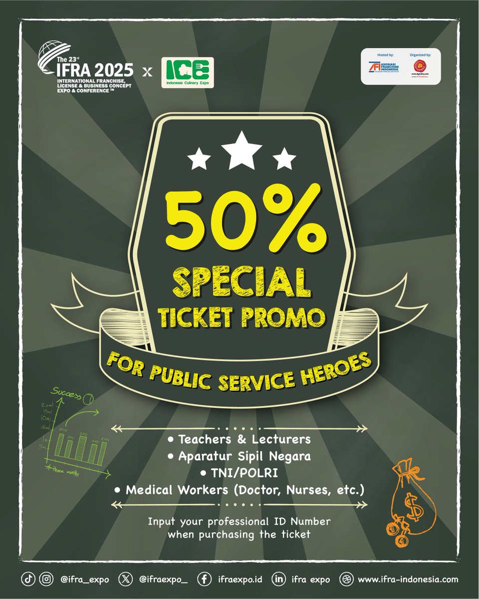 ✨𝐃𝐈𝐒𝐂 𝐓𝐈𝐂𝐊𝐄𝐓 𝟓𝟎% 𝐎𝐅𝐅 𝐅𝐎𝐑 𝐋𝐎𝐂𝐀𝐋 𝐇𝐄𝐑𝐎𝐄𝐒✨

Berlaku untuk:
 👨‍🏫 Guru &amp; Dosen
 👩‍💼 ASN
 👮‍♂️ TNI/POLRI
 👩‍⚕️ Tenaga Medis
→ Berlaku untuk pembelian tiket on the spot
→ Menunjukkan Kartu Tanda Karyawan
*SK berlaku
Order tiket → ifra-indonesia.com

#IFRA