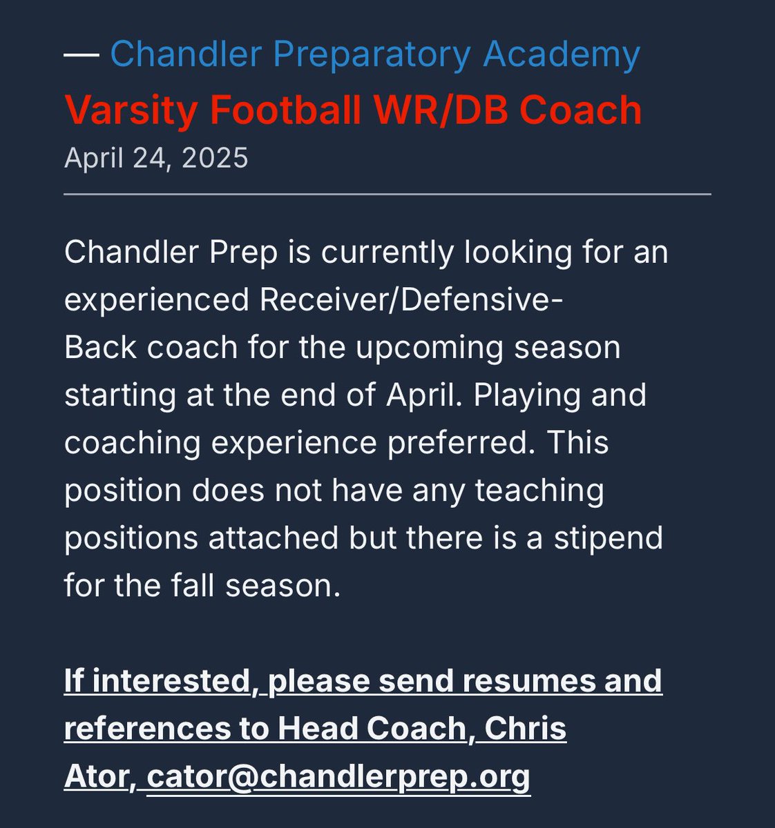 Chandler Prep Titan Football (@chandlerprep_fb) on Twitter photo We’re looking for a varsity Wr/Db coach for this upcoming season starting immediately. If interested please reach out to <a href="/coach_ator/">Chris Ator</a> on Twitter or via email We’re looking for a varsity Wr/Db coach for this upcoming season starting immediately. If interested please reach out to <a href="/coach_ator/">Chris Ator</a> on Twitter or via email