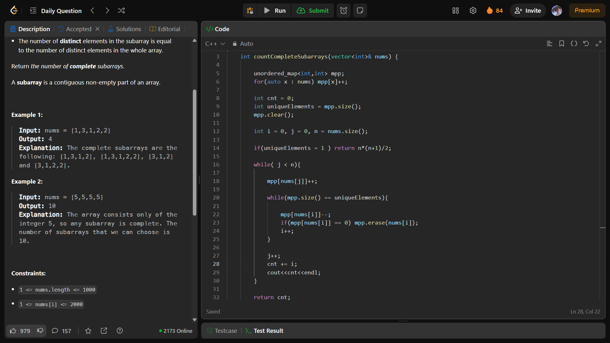 Leetcode POTD -  Count Complete Subarrays in an Array 🍀🍁

Approach -&gt;
Brute force simple two loop  Gives TLE 😴 Then Optimized to  Sliding Window