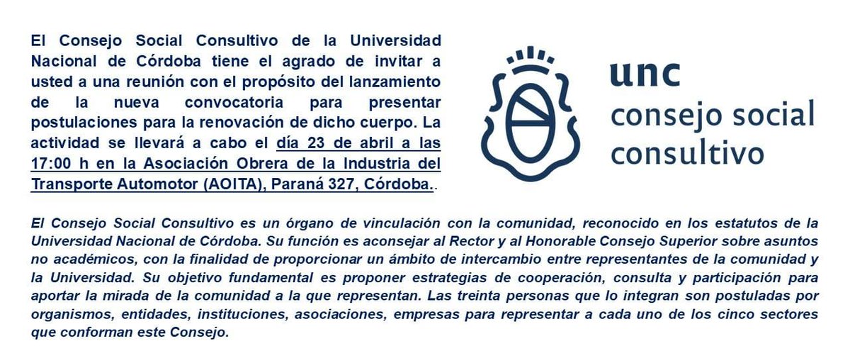 𝐀𝐎𝐈𝐓𝐀 𝐟𝐮𝐞 𝐬𝐞𝐝𝐞 𝐝𝐞 𝐥𝐚 𝐫𝐞𝐮𝐧𝐢ó𝐧 𝐝𝐞𝐥 𝐂𝐨𝐧𝐬𝐞𝐣𝐨 𝐒𝐨𝐜𝐢𝐚𝐥 𝐂𝐨𝐧𝐬𝐮𝐥𝐭𝐢𝐯𝐨 𝐝𝐞 𝐥𝐚 𝐔𝐍𝐂

📌 Este miércoles 23 de abril se llevó a cabo una nueva reunión del Consejo Social Consultivo (CSC) de la Universidad Nacional de Córdoba (UNC), en la sede
