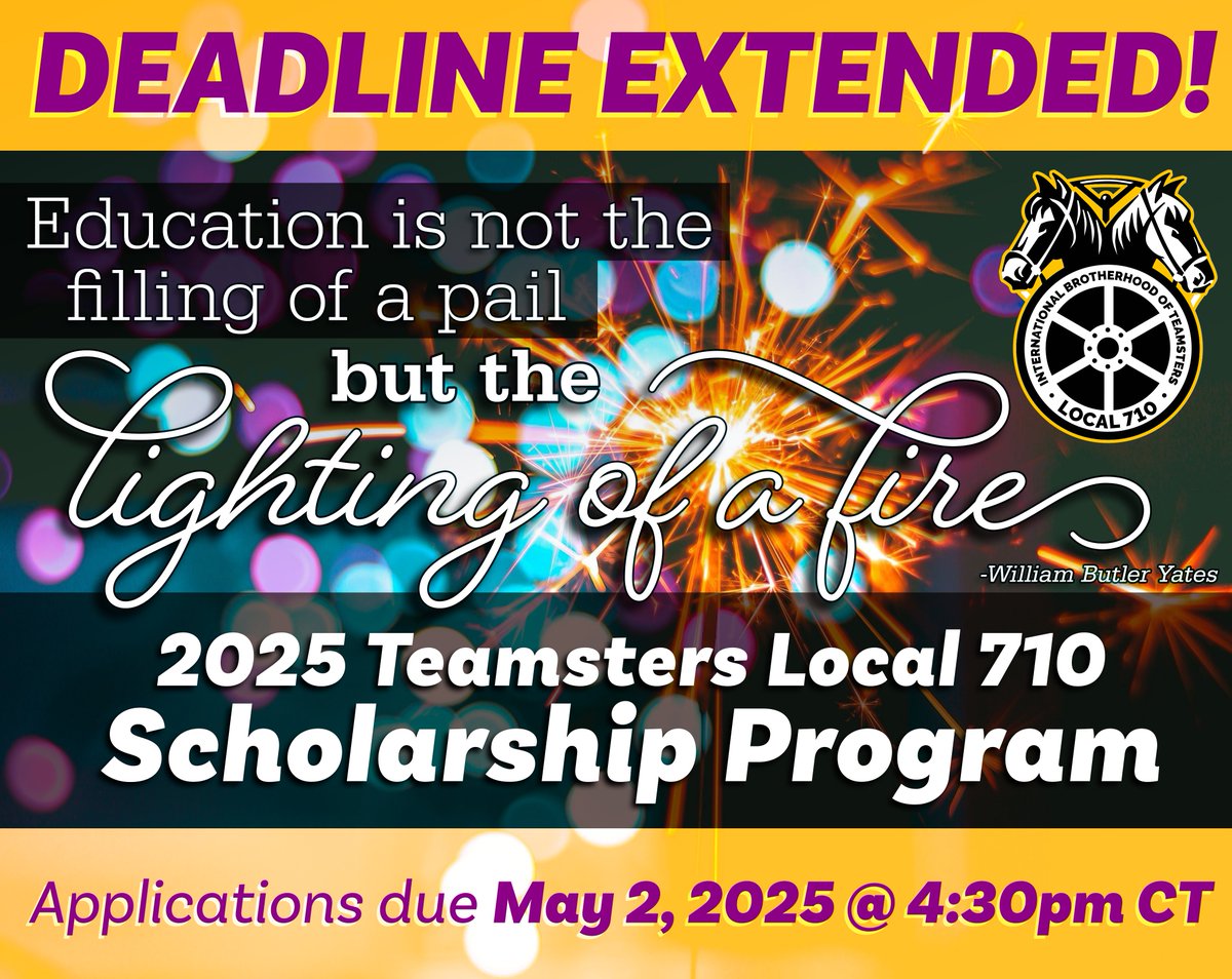⌛ DEADLINE EXTENDED ONE WEEK! 710 Scholarship Applications are now due Friday, May 2, 2025 by 4:30pm CT 👍
710 members with graduating high schoolers: Complete your 710 Scholarship application and essay today!
📑 Need the application? Visit teamsters710.com/scholarship/