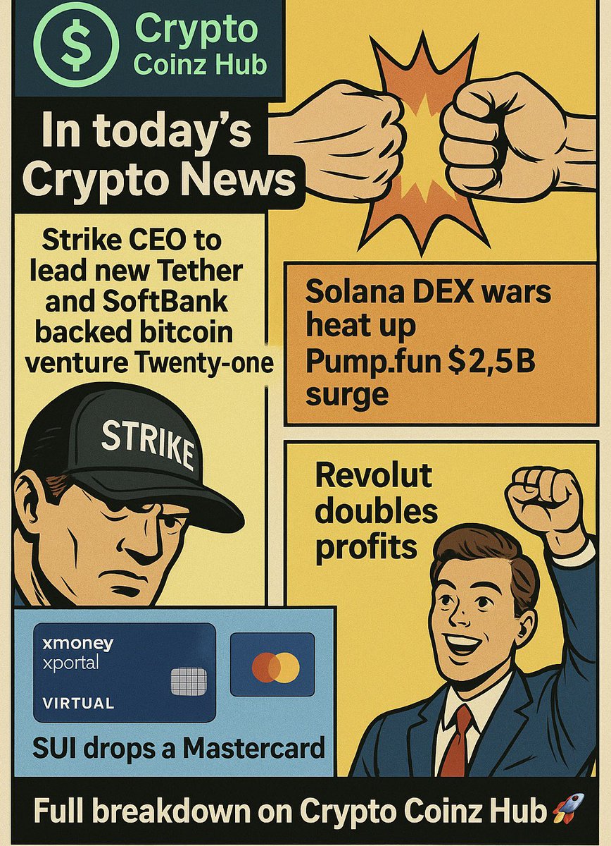 cryptocoins89's tweet photo. 📢 Big moves in crypto today: Strike CEO joins new Bitcoin venture, Solana DEX wars heat up, SUI drops a Mastercard, and Revolut doubles profits! Full breakdown on Crypto Coinz Hub. 🚀
#CryptoNews #Bitcoin #Solana #DeFi #SUI #Strike #PumpFun #Revolut #CryptoUpdates #Web3 https://t.co/9KR7G0MiGf