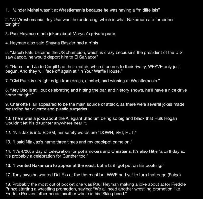 transcript/description of the show since they’ve already started taking down videos of the WWE Wrestlemania Roast. disgusting
