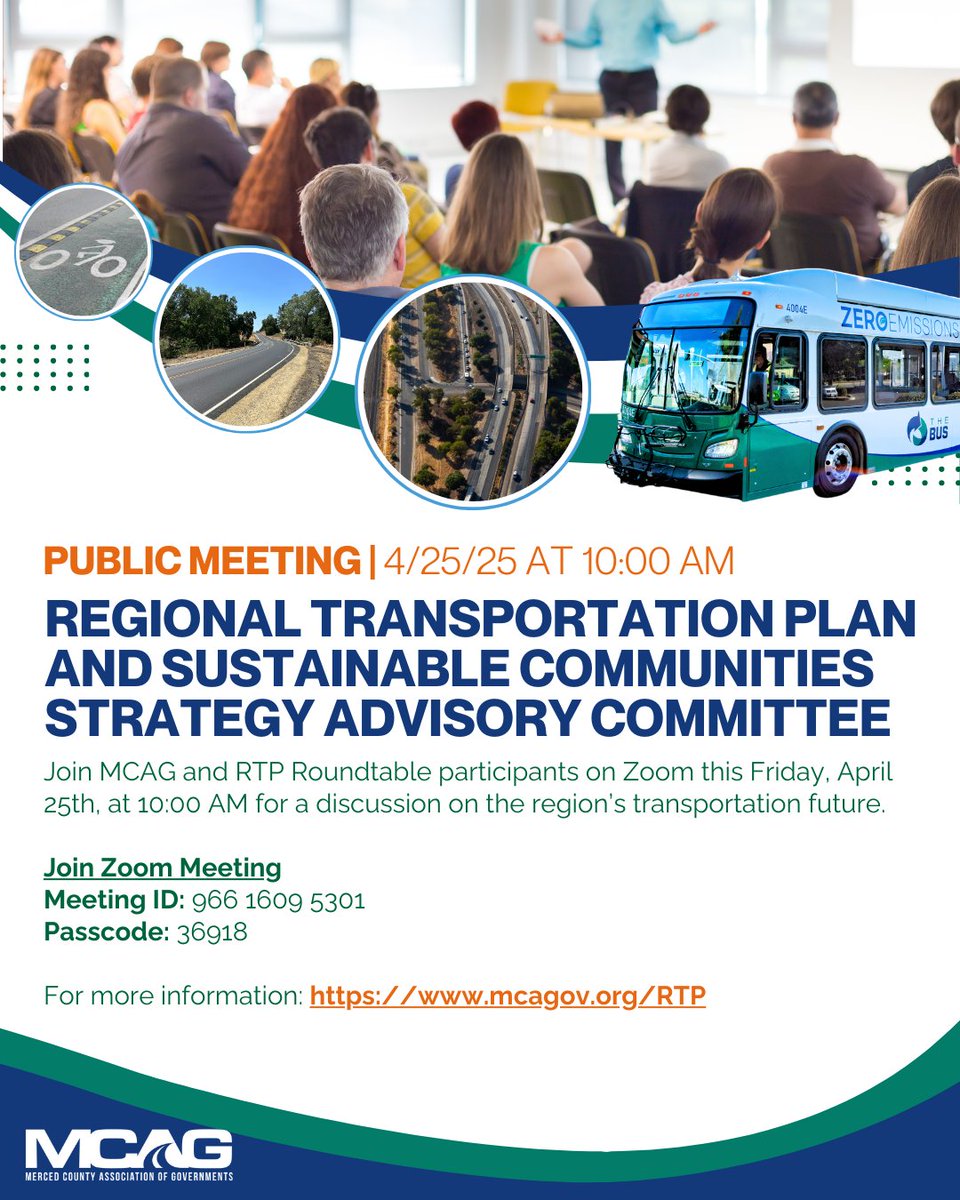 Join MCAG and RTP Roundtable participants on Zoom this Friday, April 25th, at 10:00 AM for a discussion on the region’s transportation future. 

Meeting ID: 966 1609 5301
Passcode: 36918

For more information: mcagov.org/RTP