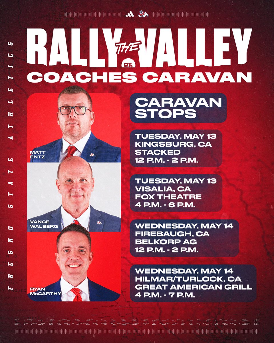 We’re hitting the road! 🚗🚙🚗

Coach Entz, Coach Walberg, Coach McCarthy and more are coming to a town near YOU as they travel throughout the Valley—don’t miss your chance to meet them!🐶🐾#GoDogs

RSVP 🔗 forms.gle/Bs2bZkKZwsa2f3…