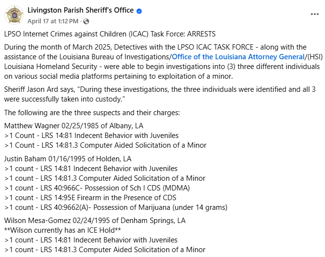ImmigrantCrimes's tweet photo. 🚨 Livingston Parish, LA: Last week, Wilson Fernando Mesa-Gomez was arrested for Indecent Behavior with Juveniles and Computer Aided Solicitation of a Minor.

He has an immigration detainer hold. https://t.co/QZFH6E2sKY