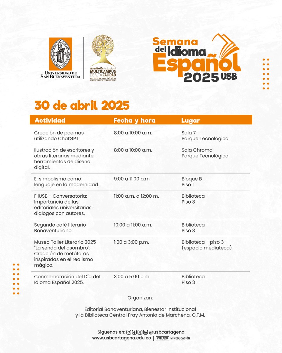 bibliousbctg's tweet photo. Bonaventurianos, compartimos el cronograma de la semana del idioma español 2025.

✨Revisa nuestras actividades y agéndate https://t.co/JMpIQENmcK