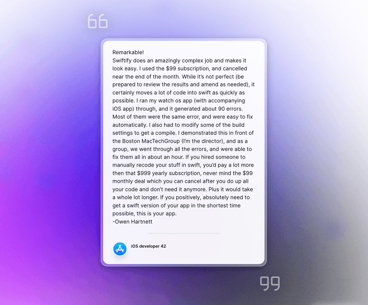 alex_swiftify's tweet image. &quot;Remarkable!
Swiftify does an amazingly complex job and makes it look easy. If you positively, absolutely need to get a swift version of your app in the shortest time possible, this is your app.&quot;

apps.apple.com/us/app/swiftif…

#swiftlang #ObjectiveC #iosdev