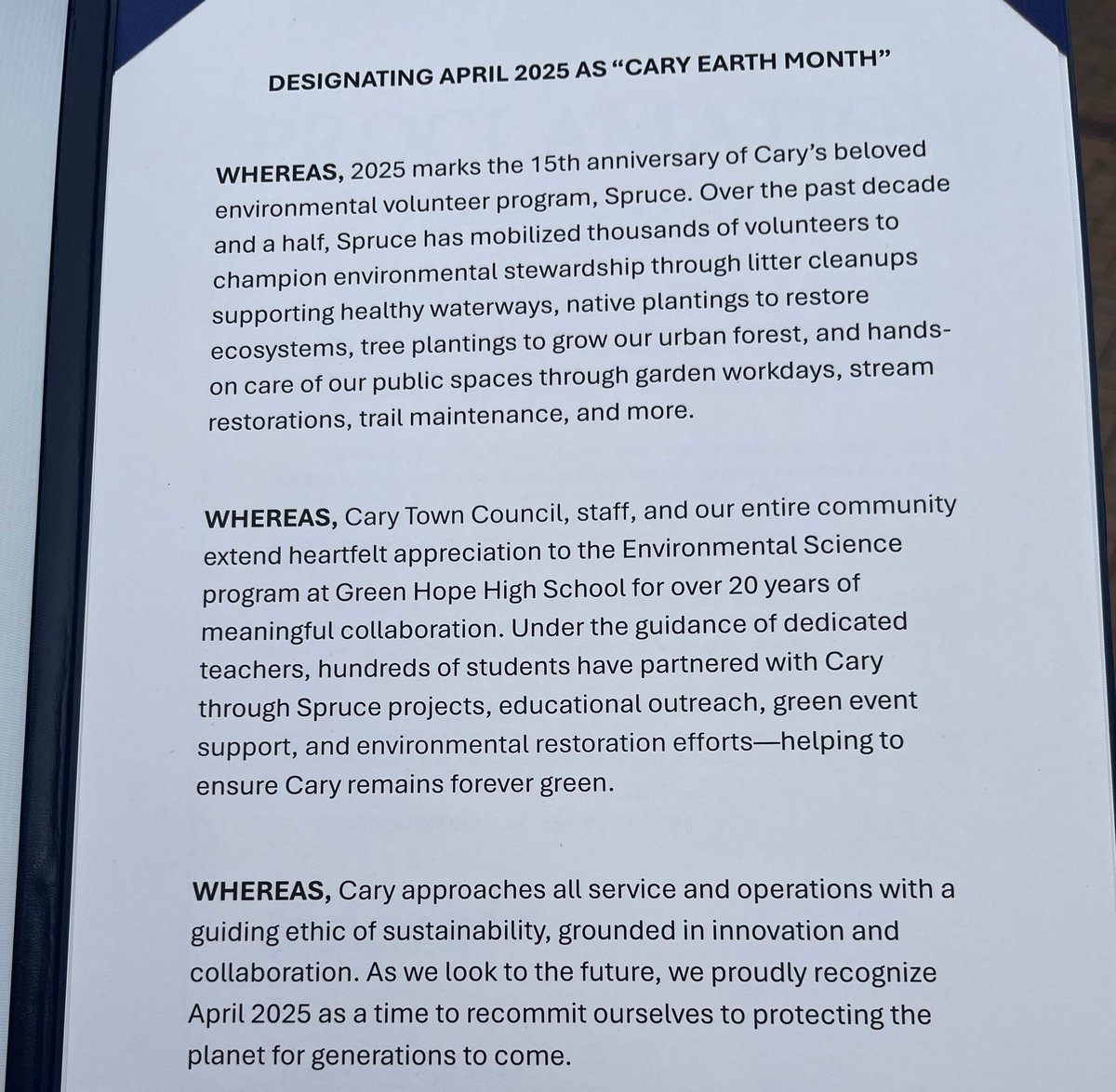 Thank you to the @townofcary and the amazing students that Mr Rush and I are privileged to work with each day. We deeply value our 20+ year partnership with the town to promote our sustainable city!