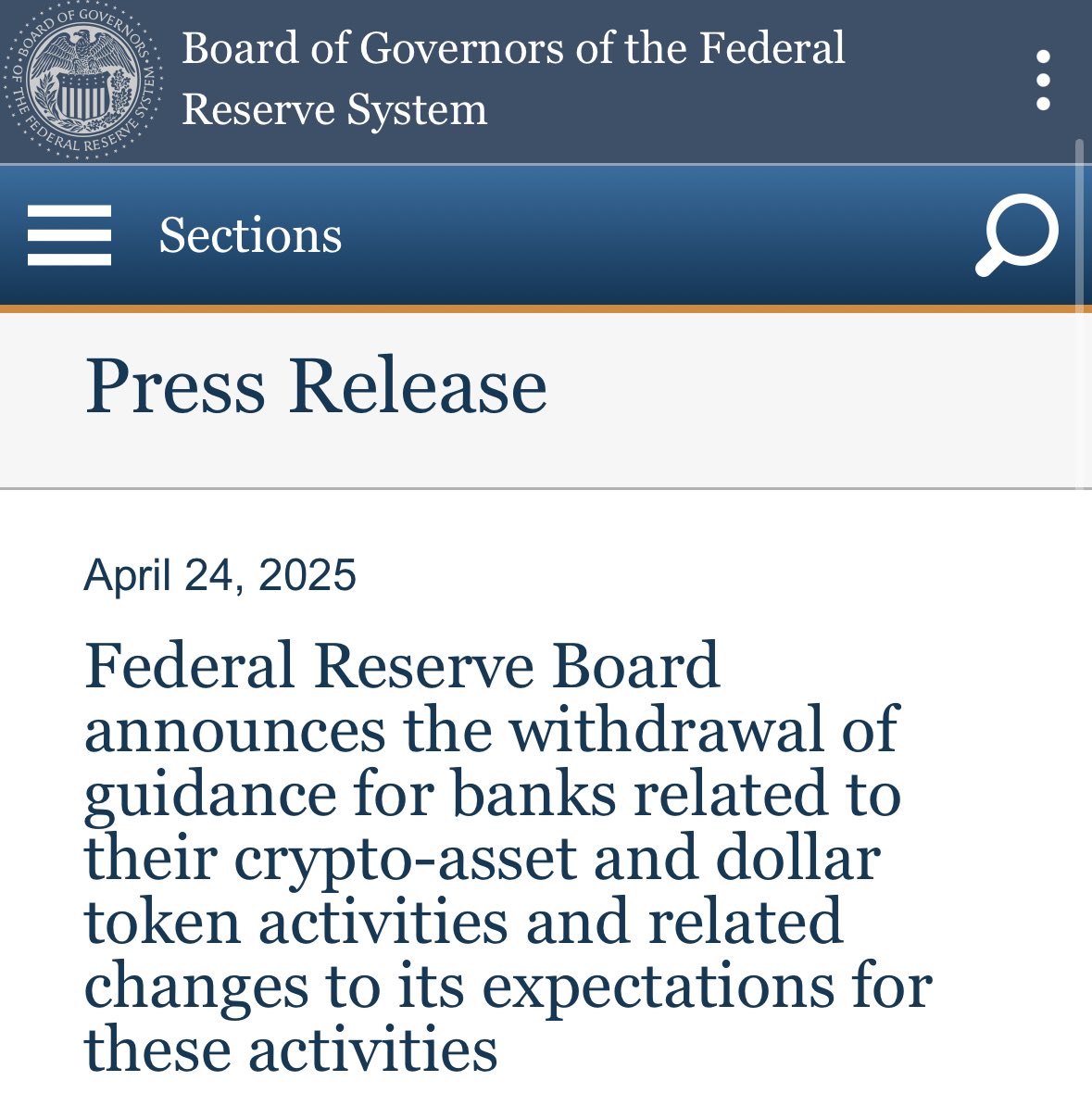 NEW: The Federal Reserve is withdrawing its 2022 guidance requiring state  member banks to notify regulators of crypto activity. Going forward, crypto-asset  activities will be monitored through the standard supervisory process, part
