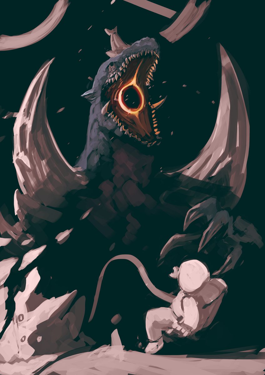 steel_neck's tweet photo. "Space Godzilla attacks the space station"
The black hole mouth came to halfway through the painting but it was too good of an idea to pass up https://t.co/QW5exbY4F8