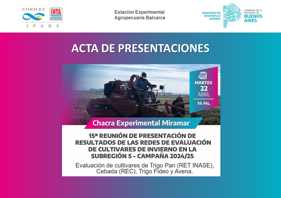 Hola. Les hago llegar el link a las Actas de las Presentaciones de la 15ª Reunión de presentación de resultados de las redes de evaluación de cultivares de invierno en la Subregión 5, 2024/25; realizada el 22 de abril de 2025 en la Chacra de Miramar. t.ly/4YK1U