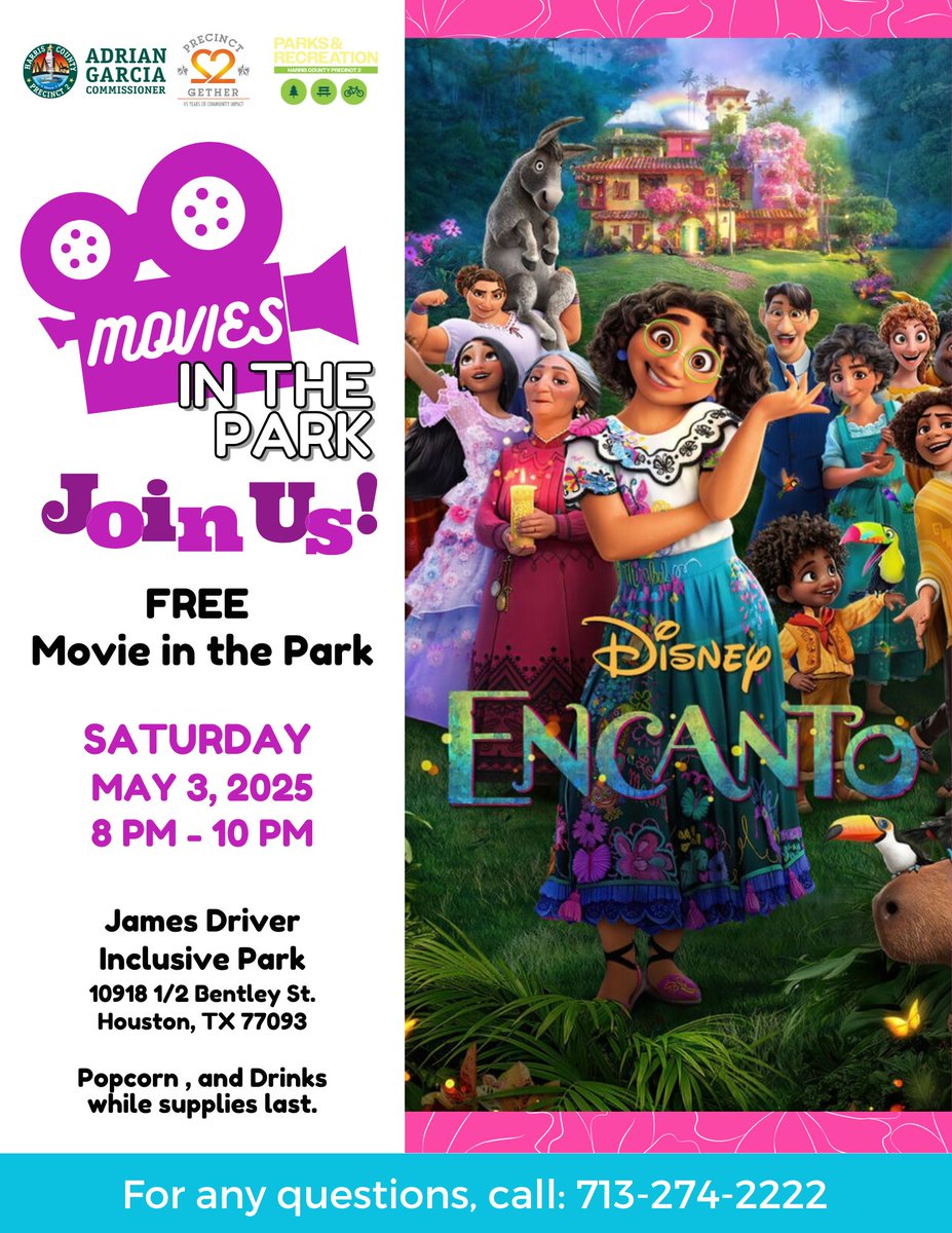 🎥 Movies in the Park 🍿
Watch Encanto with us for FREE!
🗓️ Date: May 3, 2025
⏰ Time: 8:00 PM – 10:00 PM
📍 Location: James Driver Inclusive Park
Get your FREE popcorn &amp; drinks! 🎉
#MoviesInThePark #Precinct2gether #Encanto #FamilyFun #FreeEvent #HoustonEvents