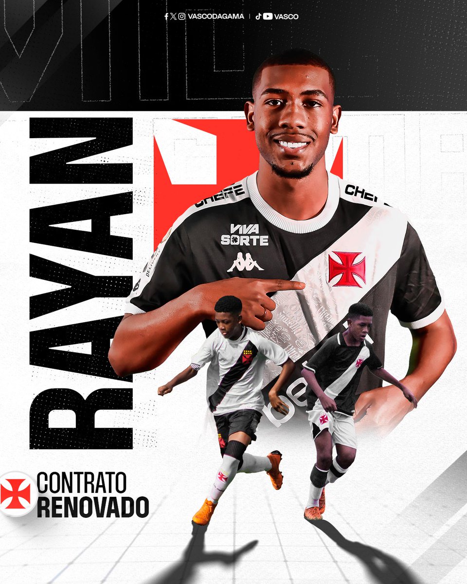 VascodaGama's tweet image. Rayan é do Vasco até 2️⃣0️⃣2️⃣6️⃣💢

Cria da Barreira e da #BaseForte, Rayan chegou ao Gigante da Colina com seis anos de idade, passando por todas as categorias de formação e se destacando. O atleta foi promovido ao profissional do Vasco em 2023, sendo o mais jovem do século XXI a
