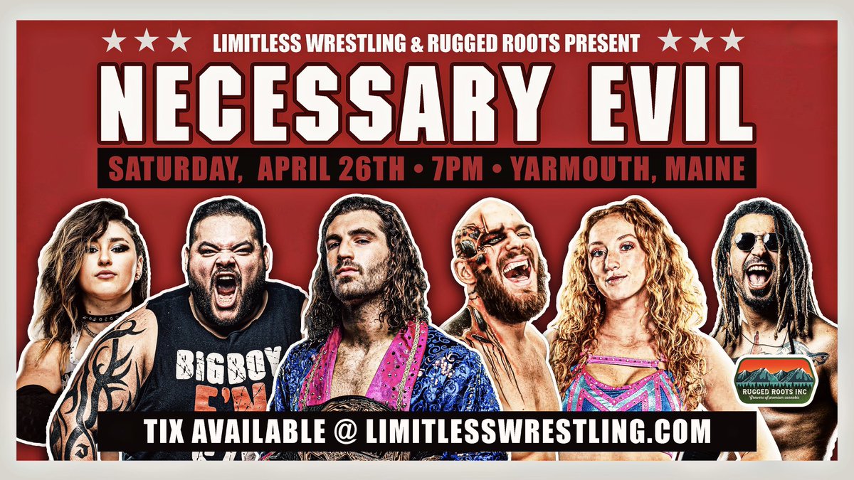 Limitless Wrestling (@lwmaine) on Twitter photo THIS SATURDAY - Streaming live on IWTV & YouTube @ 7PM ET!
Aaron Rourke vs. Channing Thomas headlines “Necessary Evil” in Yarmouth, ME feat:
• <a href="/justmaggielee/">m by elegance🥂💖💫</a> v. <a href="/BrookeHavok/">moshpit mommy ブルック・ハボック</a>
• <a href="/ConanLycan/">Conan Lycan</a> v. <a href="/ThePrizeCityOG/">The Prize Alec Price</a>
• <a href="/bearbronsonBC/">Bear Bronson</a> v. <a href="/alternative_ag/">Anthony Greene アンソニー・グリーン</a>
• Swipe Right v. Mane Event THIS SATURDAY - Streaming live on IWTV & YouTube @ 7PM ET!
Aaron Rourke vs. Channing Thomas headlines “Necessary Evil” in Yarmouth, ME feat:
• <a href="/justmaggielee/">m by elegance🥂💖💫</a> v. <a href="/BrookeHavok/">moshpit mommy ブルック・ハボック</a>
• <a href="/ConanLycan/">Conan Lycan</a> v. <a href="/ThePrizeCityOG/">The Prize Alec Price</a>
• <a href="/bearbronsonBC/">Bear Bronson</a> v. <a href="/alternative_ag/">Anthony Greene アンソニー・グリーン</a>
• Swipe Right v. Mane Event