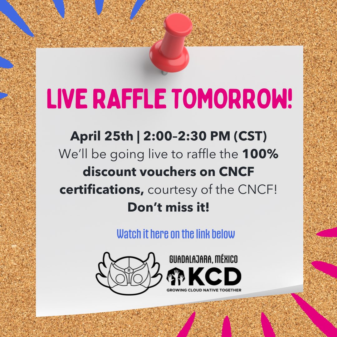 🎉 Live CNCF Certification Raffle Tomorrow!
Join us April 25th from 2:00 to 2:30 PM (CST) for a live raffle where we’ll be giving away a 100% discount vouchers on CNCF certifications, courtesy of the Cloud Native Computing Foundation.

Watch here👇

community.cncf.io/events/details…