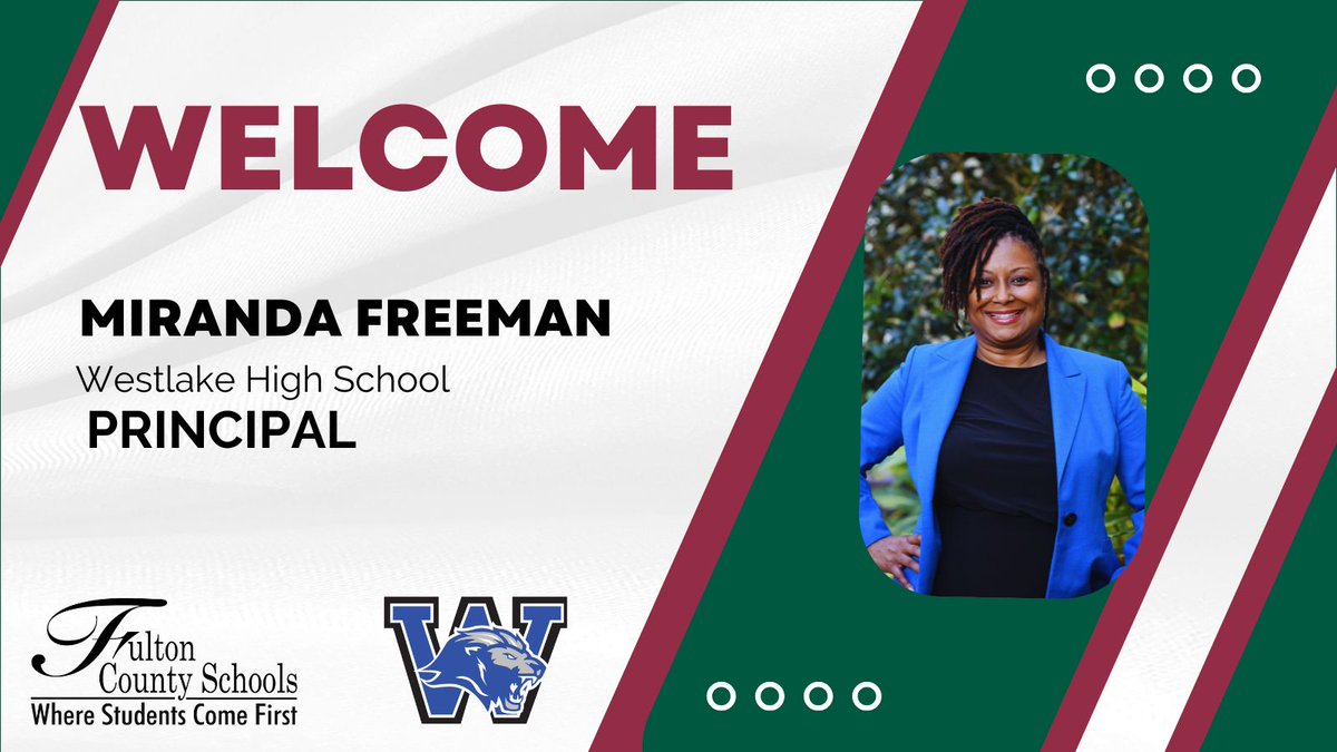 Ron Maxwell (@FCS) (@ronmaxwellfcs1) on Twitter photo Please help me welcome Miranda Freeman
as the new principal of Westlake High School!
<a href="/FultonCoSchools/">FultonCountySchools</a> Please help me welcome Miranda Freeman
as the new principal of Westlake High School!
<a href="/FultonCoSchools/">FultonCountySchools</a>