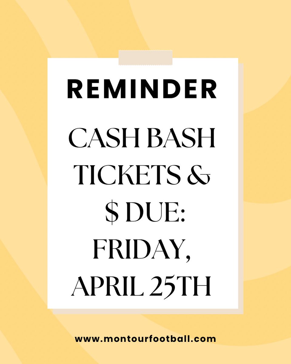‼️💰 CASH BASH Ticket Stubs and $ are DUE TOMORROW: FRIDAY, APRIL 25TH!

➡️ There are 2 Dropoff Locations:
1. Kennedy - Kristen Stern
2. Robinson - Renae Pollard

SEE YOU NEXT SATURDAY AT THE CASH BASH! 💰

🖤🏈💛