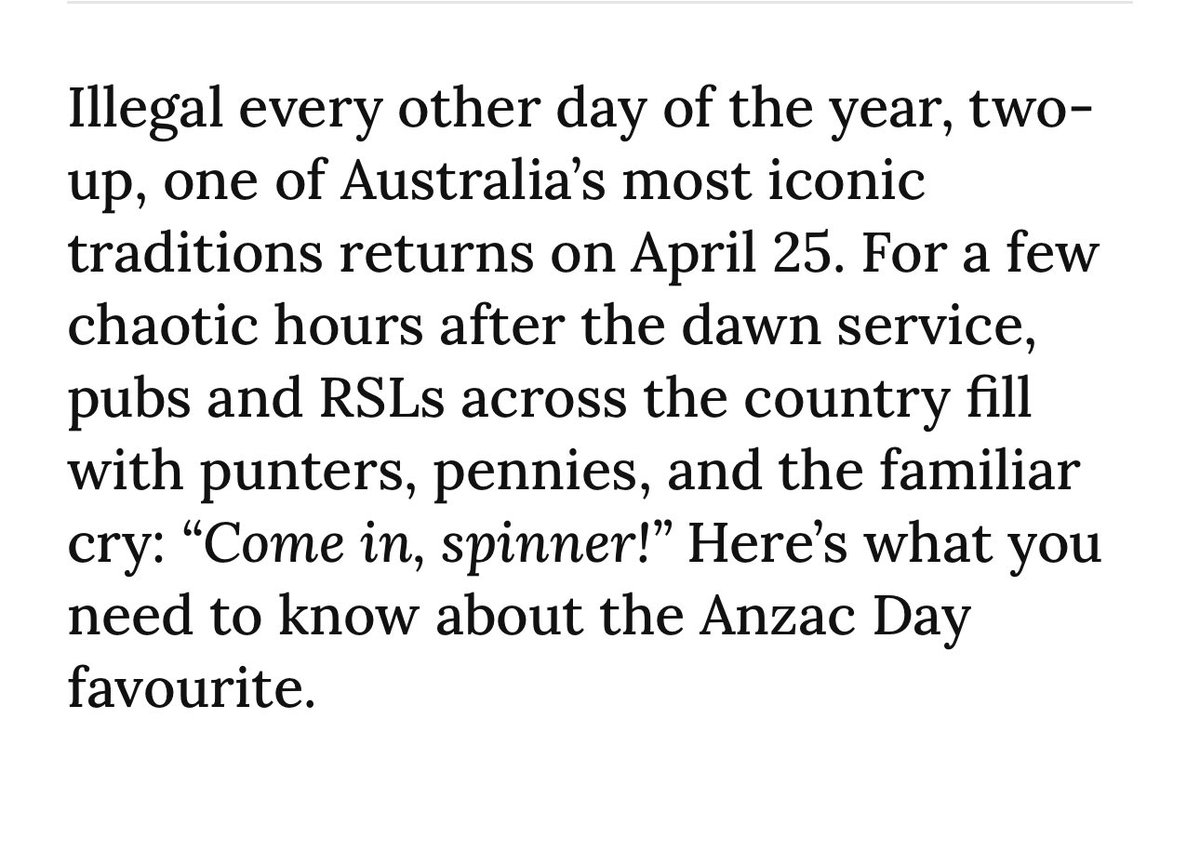 Gl3614077670661's tweet image. Two-up explained: Everything you need to know about the Anzac Day tradition
#twoup 
#AnzacDay 
#RSL