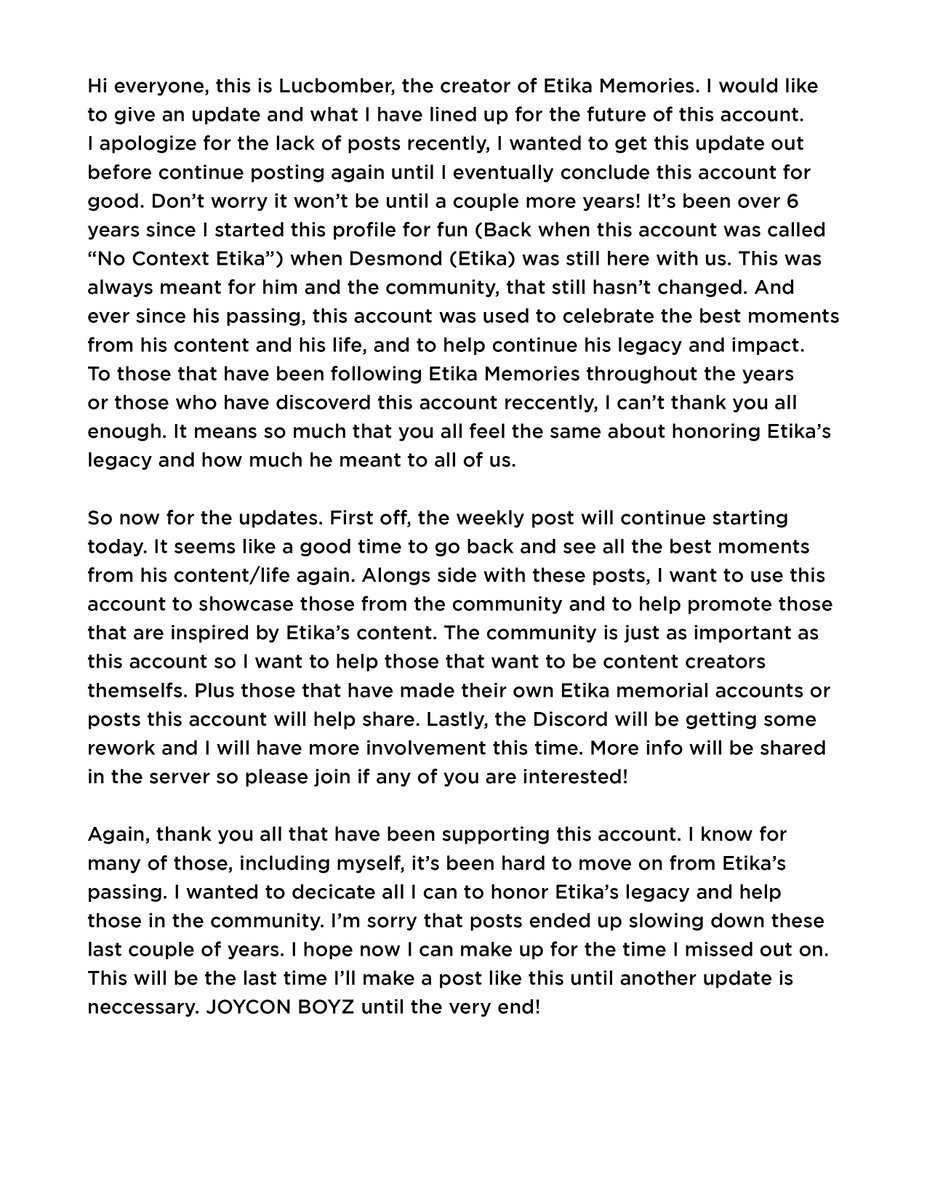 A quick update for Etika Memories