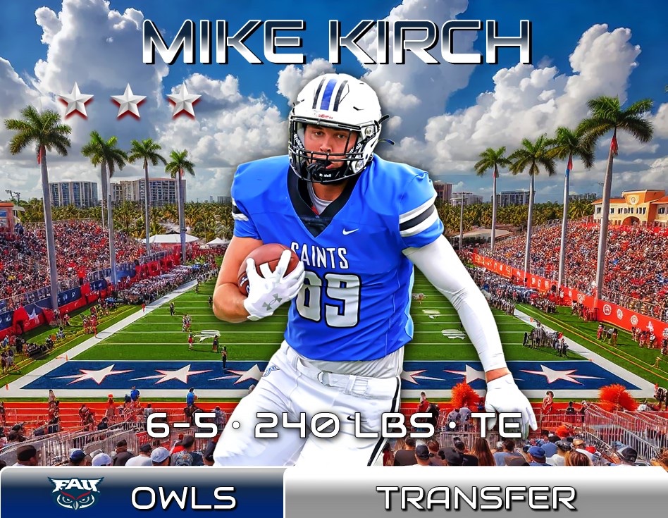 FAU Owls Nest (@fau_owls_nest) on Twitter photo CONGRATS to ⭐️⭐️⭐️ 6-5, 240 lbs #Transfer TE <a href="/MikeKirch19/">MikeKirch19</a>, formerly of <a href="/TMU_Football/">Thomas More Football</a>, on his commitment to Coach <a href="/ZKittley/">Zach Kittley</a> and <a href="/FAUFootball/">Florida Atlantic Football</a>! WELCOME to Parad🌴se Mike! #FAU 🦉 CONGRATS to ⭐️⭐️⭐️ 6-5, 240 lbs #Transfer TE <a href="/MikeKirch19/">MikeKirch19</a>, formerly of <a href="/TMU_Football/">Thomas More Football</a>, on his commitment to Coach <a href="/ZKittley/">Zach Kittley</a> and <a href="/FAUFootball/">Florida Atlantic Football</a>! WELCOME to Parad🌴se Mike! #FAU 🦉