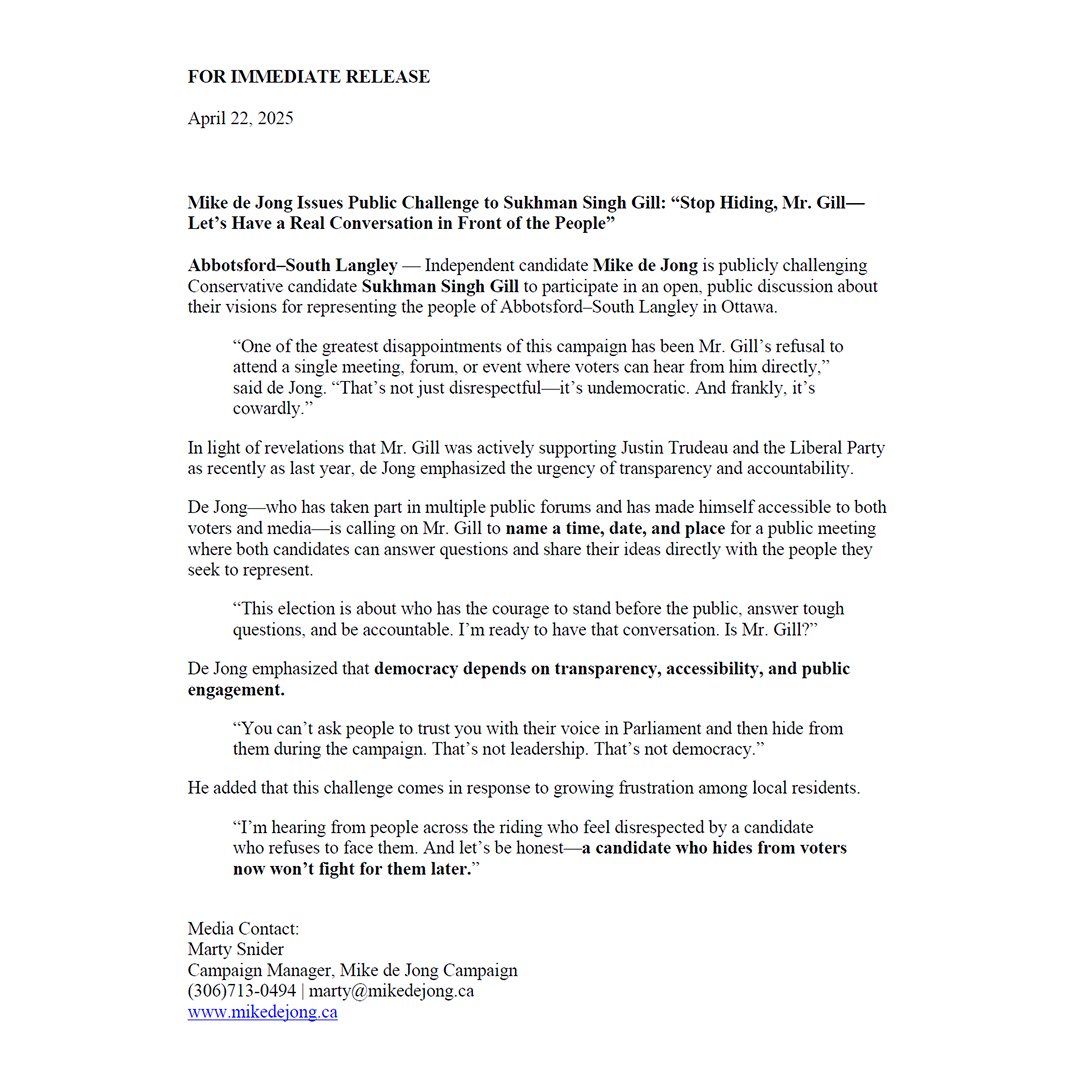 “Stop Hiding, Mr. Gill— Let’s Have a Real Conversation in Front of the People”

I am publicly challenging Conservative candidate Sukhman Singh Gill to participate in an open discussion about our visions for representing the people of Abbotsford–South Langley in Ottawa. #cdnpoli