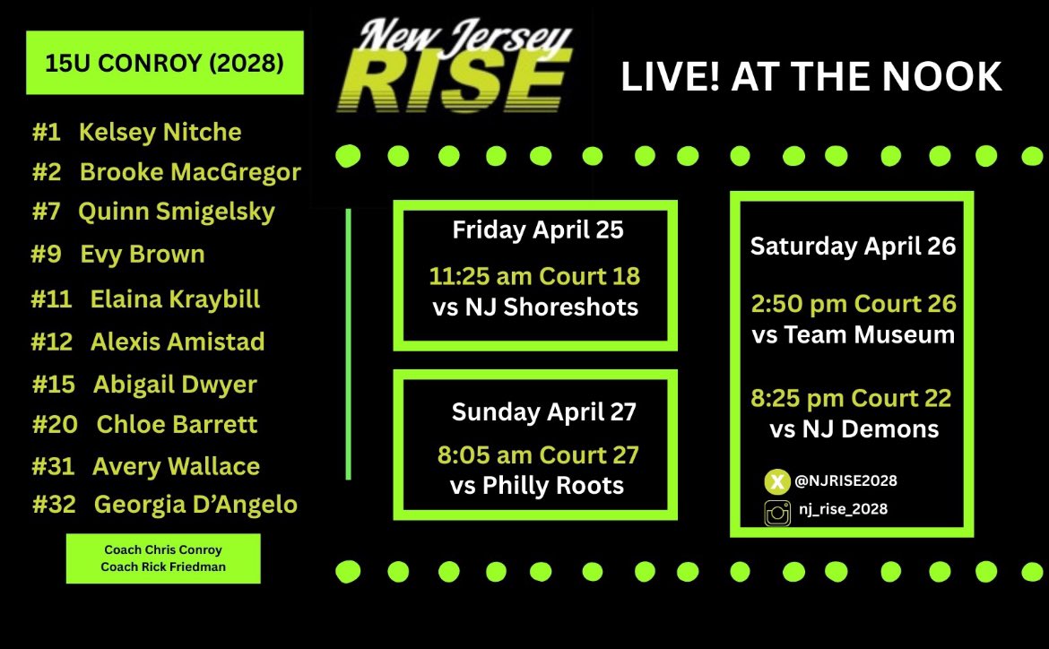 Here is my upcoming schedule for this weekend at Spooky Nook! Can’t wait to play in this tournament with my teammates! <a href="/NJRise2028/">New Jersey RISE - Conroy</a>