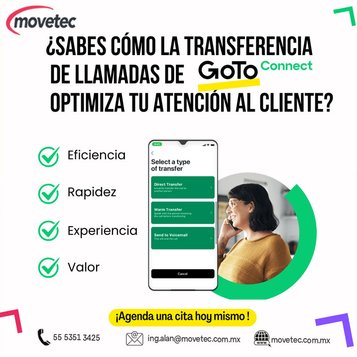 movetec2's tweet image. ¿Tus clientes esperan demasiado al ser transferidos? 😫 Con GoTo Connect, la transferencia de llamadas es rápida y eficiente, mejorando la experiencia general. ¡Descubre cómo ofrecer un servicio al cliente de primer nivel! ¡Agenda una demostración hoy mismo!  5553513425
 #TI #IA